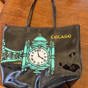 Black Patent Tote Bag with Turquoise Clock Graphic - Chicago